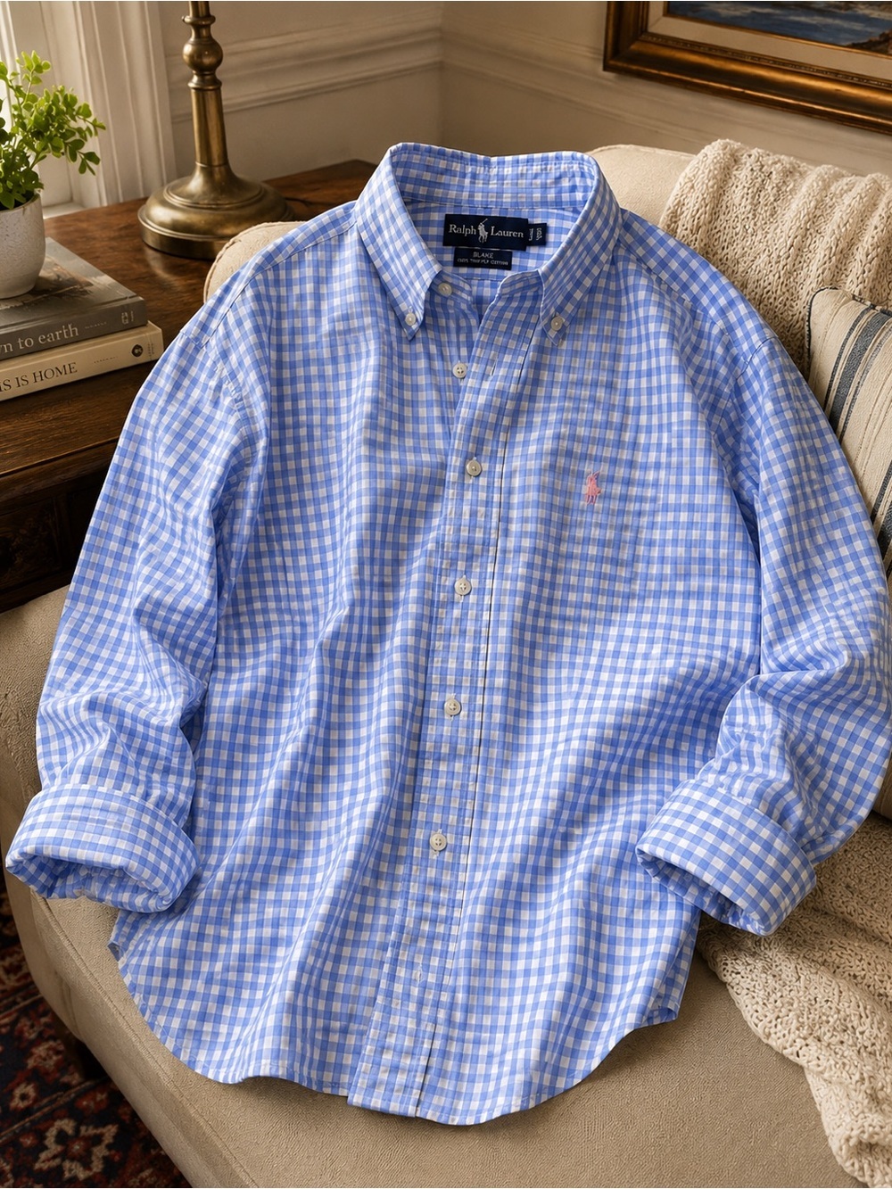 Ralph Lauren Blake Button Down Shirt Blue White Gingham Check Pony Logo Men’s L